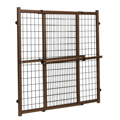 Position And Lock Tall And Wide Adjustable Baby Gate For Doorways 31 To 50 Inches Wide And 32 Inches Tall Easy One Hand Latch Kid Friendly Farmhouse Collection Safe Gate For Nurseries Stairs And Play Areas, farmhouse-style wooden gate with metal grid