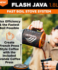 Flash Java 1.8L Portable Stove With Coffee Press for camping showcasing coffee pouring into a mug outdoors
