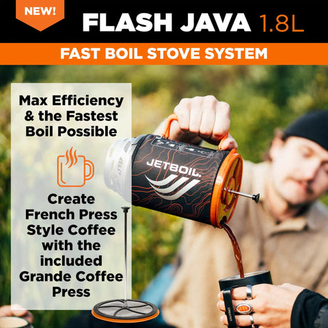 Flash Java 1.8L Portable Stove With Coffee Press for camping showcasing coffee pouring into a mug outdoors