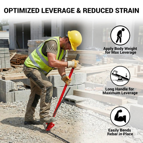 User operating the Fixum Heavy Duty Manual Rebar Bender For 5/8 Inch Steel Rods using body weight for leverage on a construction site.