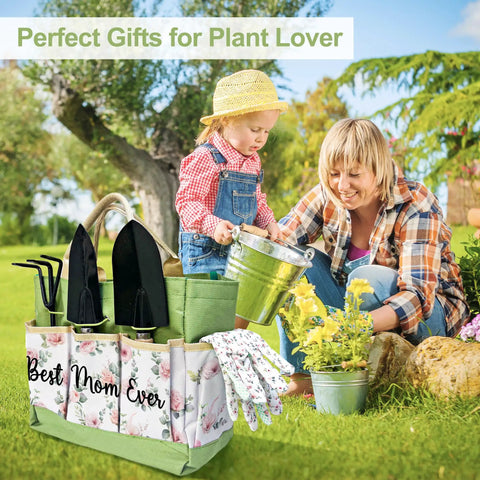 Best Mom Gift Set For Mothers Day From Daughters Floral Garden Tool Kit With Watering Can Hand Rake Trowel Transplanter Pruner Gloves