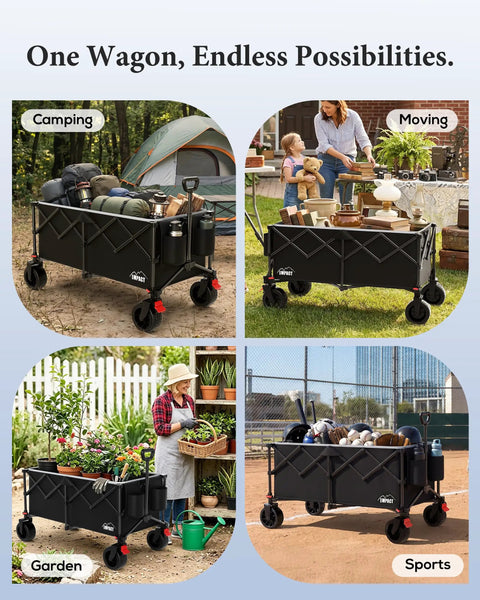 47 Inch Collapsible Wagon Cart With Mega 300 Liter Capacity used for camping, moving, gardening, and sports gear outdoors.