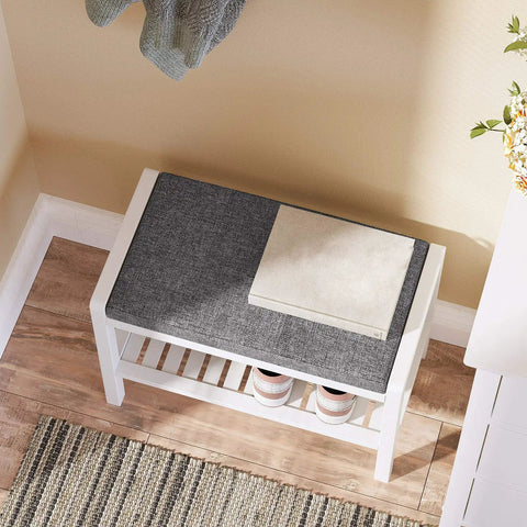 Gray and white Comfy Cushioned Shoe Bench with Storage Shelf and Padded Seat in entryway.