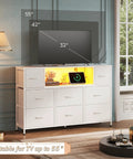 White Dresser TV Stand For 45 To 55 Inch TVs With LED Lighting And Charging Station 8 Fabric Drawers And Open Shelves Wood Top
