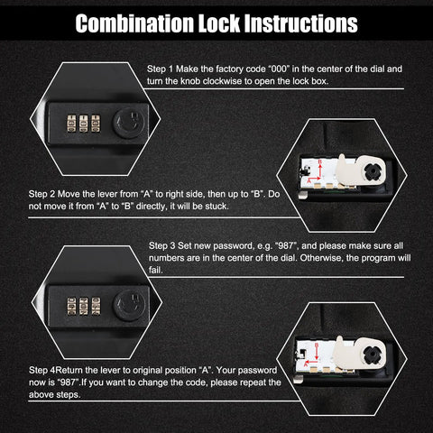 Portable Pistol Safe With Combination Lock For Nightstand Travel Home Car Truck, instruction steps for setting lock code