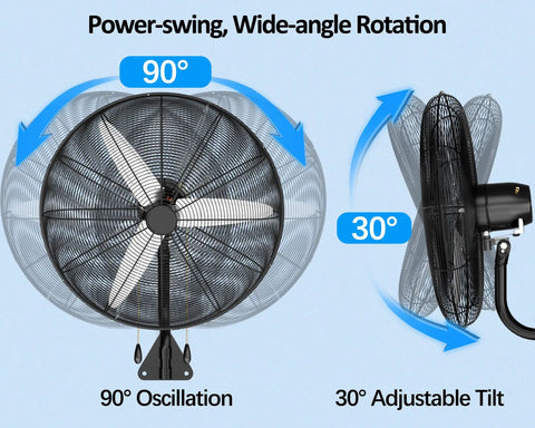 30 Inch High Velocity Wall Mount Fan With 11200 CFM Beastly Airflow, shown with 90° oscillation and 30° adjustable tilt for garages and patios.