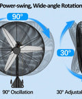 26 Inch High Velocity Wall Mount Fan With Dual Pull Cord showing 90° oscillation and 30° adjustable tilt for garages and workshops