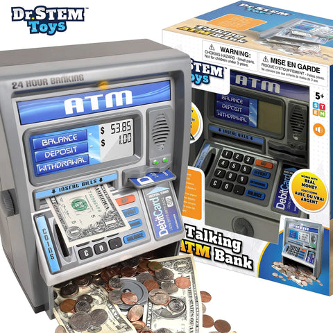 Talking ATM Piggy Bank For Kids With Digital Screen And Real Money Calculator, Interactive Savings Safe Box With Coin Slot, Silver