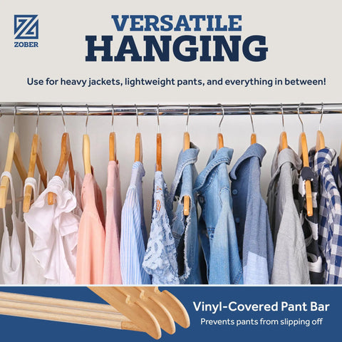 Heavy Duty Wooden Clothes Hangers Set Pro Grade Non Slip Contoured Hangers For Coats Jackets Suits And Pants With 360 Chrome Hook Grooved Pant Bar Notches 20 Pack For Closet Organization, wooden hangers with clothes hanging, versatile use.