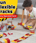 Child playing with Snap Trax Construction Race Track Set For Kids With 2 LED Light Up Cars 251 Piece STEM Building Toys