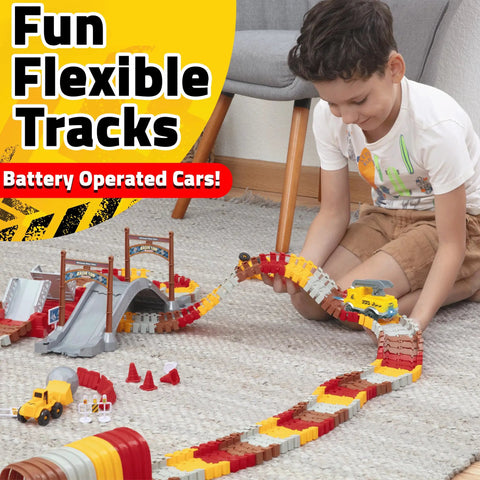 Child playing with Snap Trax Construction Race Track Set For Kids With 2 LED Light Up Cars 251 Piece STEM Building Toys