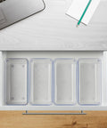 Clear Drawer Organizer Set Of 4 Pieces For Office, Home, Kitchen And Makeup Storage displayed in an open drawer.