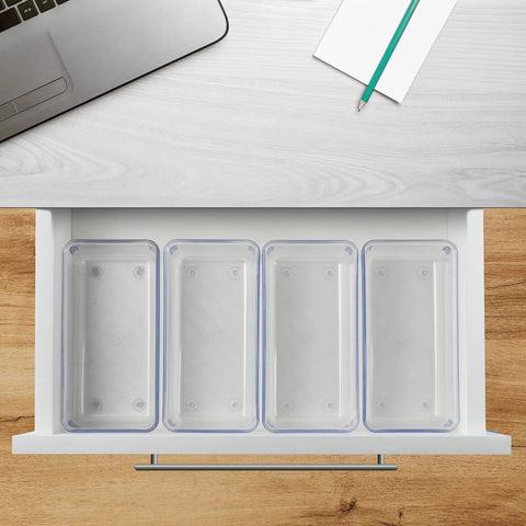 Clear Drawer Organizer Set Of 4 Pieces For Office, Home, Kitchen And Makeup Storage displayed in an open drawer.