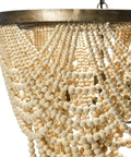 Close-up of Two Tier Draped Wood Bead Chandelier in Gold Washed Metal with Ivory Beads, 10 ft Cord and 6 ft Chain for Rustic Decor
