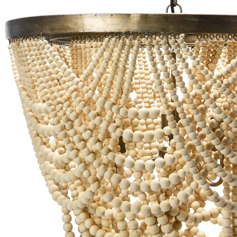 Close-up of Two Tier Draped Wood Bead Chandelier in Gold Washed Metal with Ivory Beads, 10 ft Cord and 6 ft Chain for Rustic Decor