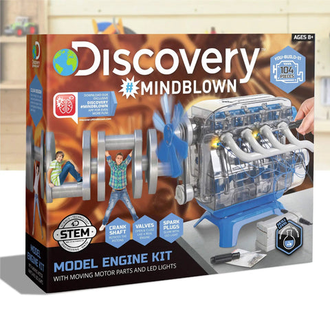 Packaging of Hands On 4 Cylinder Engine Kit For STEM Lovers with working pistons and LED lights, ages 8 and up.