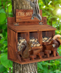 Wooden Squirrel Picnic Table Feeder With Multi Compart ment Seed Storage And Five Level Bar Stools Durable Outdoor Squirrel Feeder For Corn Cobs And Mixed Seeds Stable Table Style Wildlife Feeder 12.2 X 6.6 X 12.2 Inches mounted on tree with squirrels