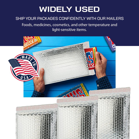 Person holding Heavy Duty Insulated Silver Thermal Bubble Mailers 8x11 Self Sealing Padded Envelopes for cold shipping