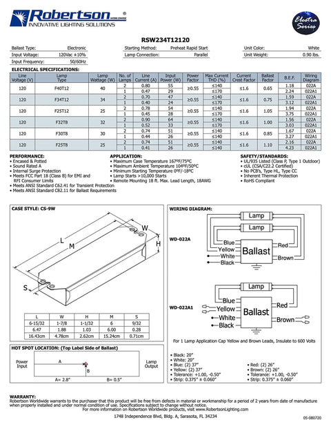 Technical datasheet for Quik-Pak 10-Pack Fluorescent EBallasts For 2 F40T12 Linear Lamps, Preheat Rapid Start, 120V AC, Model RSW234T12120A.