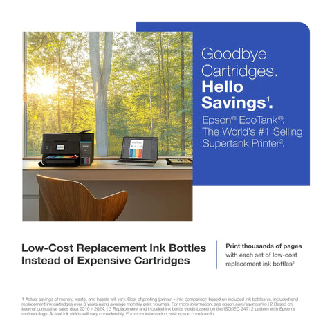 EcoTank ET-4950 Wireless All-In-One Printer With Refillable Ink Tanks, Great For Home Office on a desk next to laptop