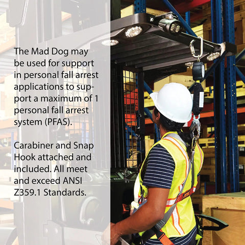 Worker using Self Retracting Fall Protection Lanyard With Six Foot Reach Internal Shock Absorber for safety on forklift