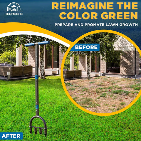 Lawn Aerator Coring Tool Manual Plug Core Aerator For Dense Soil, 31.8 Inch Stand Up Aerator with Easy Insertion before and after lawn effect