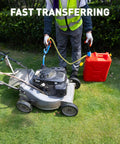 Man using Portable Cordless Fuel Transfer Pump Battery Powered Fluid Transfer Tool 2.8 GPM for gas can and lawn mower