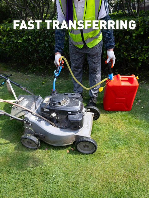 Man using Portable Cordless Fuel Transfer Pump Battery Powered Fluid Transfer Tool 2.8 GPM for gas can and lawn mower