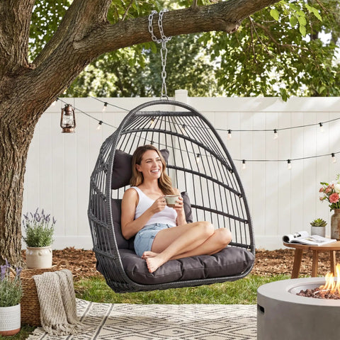 Outdoor Egg Chair Without Stand With Cushion, Cozy Foldable Weather Resistant Rattan Hanging Hammock Seat for Tree Mount, Dark Grey