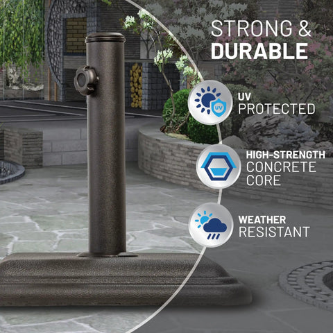 Heavy Duty 26 Pound Cast Stone Outdoor Umbrella Base Stand For Patio Tables Fits Umbrella Poles 1.3 To 1.8 Inches Black Ultra Stable Foundation For Decks And Backyards That Keeps Your Patio Umbrella Solid And In Place with highlighted features of UV protection, high-strength concrete core, and weather resistance.