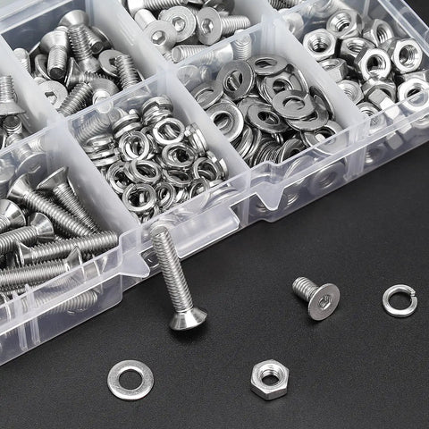 Heavy Duty 304 Stainless Steel M4 Fastener Kit providing countersunk socket cap screws, hex nuts, and flat washers in a clear storage box.
