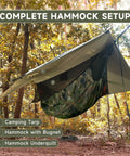 Ultralight 4 Season Hammock Underquilt with camouflage 40D polyester, camping setup in autumn forest, visible tarp and bugnet