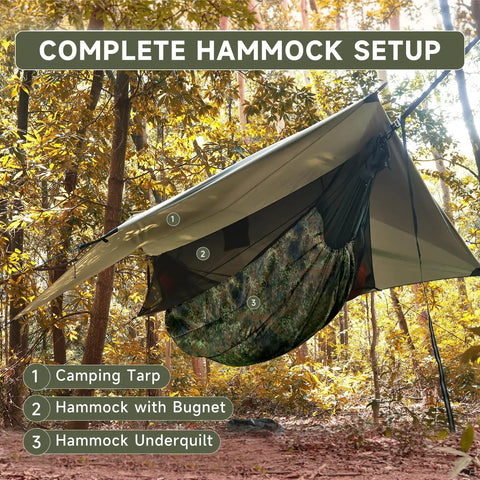 Ultralight 4 Season Hammock Underquilt with camouflage 40D polyester, camping setup in autumn forest, visible tarp and bugnet