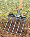 Beefy Heavy Duty Carbon Steel Digging Fork With Five Tines breaking up garden soil, 34mm pole compatible, pitchfork style head.