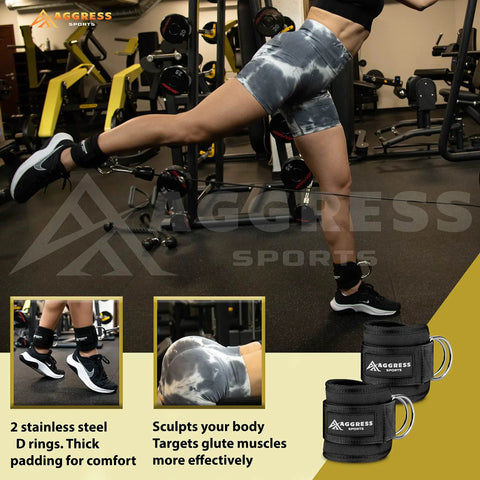 Person in gym using ankle straps, part of Hip Thrust Barbell Pad Set With Squat Pad, Two Ankle Straps, Hip Resistance Bands, Gym Carry Bag And Towel, All In One Barbell Comfort Kit For Women At Home Or Gym.