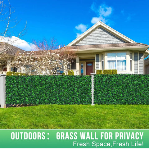 Artificial Boxwood Roll Panels 48x120 Inches Cover 40 Sq Ft UV Resistant Faux Ivy Leaves Privacy Fence in front of house