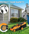 40V Cordless Lawn Mower With Brushless Motor 18 Inch Deck 6 Position Height Adjustment Requires Two 20V Max Batteries No Battery Included Compatible With Existing 20V System For Quick Yard Cleanup Mow Through The Yard With Ease. orange cordless mower with 7-inch wheels and dual safety switches