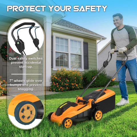 40V Cordless Lawn Mower With Brushless Motor 18 Inch Deck 6 Position Height Adjustment Requires Two 20V Max Batteries No Battery Included Compatible With Existing 20V System For Quick Yard Cleanup Mow Through The Yard With Ease. orange cordless mower with 7-inch wheels and dual safety switches