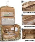 Desert Yellow Hanging Dopp Kit for Men open to show elastic pouches, mesh pockets, and hook, ideal for organized travel toiletries.