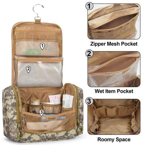 Desert Yellow Hanging Dopp Kit for Men open to show elastic pouches, mesh pockets, and hook, ideal for organized travel toiletries.