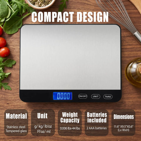 Big Ol Digital Kitchen Scale 44Lb/20Kg With 1g/0.1oz Precision, Extra Large Platform made of stainless steel and tempered glass