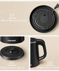 Ultra Portable 0.8L Electric Kettle with Stainless Steel Build showing no messy cords, detachable base, and ergonomic handle.