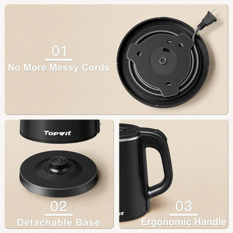 Ultra Portable 0.8L Electric Kettle with Stainless Steel Build showing no messy cords, detachable base, and ergonomic handle.