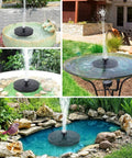 Collage of Solar Bird Bath Fountain Pump with Six Nozzles, 1.4W Upgrade in various garden and pond settings.