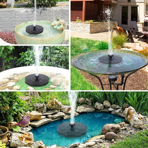 Collage of Solar Bird Bath Fountain Pump with Six Nozzles, 1.4W Upgrade in various garden and pond settings.