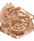 Electric Motorized Wooden Marble Run Kit For Adults A Dope 3D Puzzle That You Build Yourself Big 15 By 14 Inch Roller Coaster Model With 12 Metal Marbles side view showing intricate wooden gears and structures