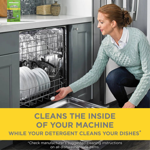 Woman using Odor Busting Dishwasher Cleaner Tablets Six Month Supply Clears Mineral Deposits Limescale And Grime From Pumps Tubes And Hoses Six Tablets Pack For Most Dishwashers.