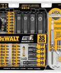 Front view of DeWALT 35-piece screwdriver and impact driver bit set in yellow/black case with magnetic screw lock.
