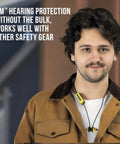 Man wearing Bluetooth 6.0 Hearing Protection Earbuds With 19dB NRR, yellow neckband visible, suited for job sites and yard work.