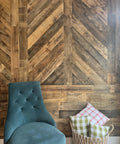Chevron pattern wall from Reclaimed Wood Plank Set For DIY Rustic Accent Wall With Multi Width And Color Kiln Dried And Easy To Install Vintage Vibe From WWII Shipping Containers 10 Sq Ft Coverage Ideal For Home Renovation And Farmhouse Decor.